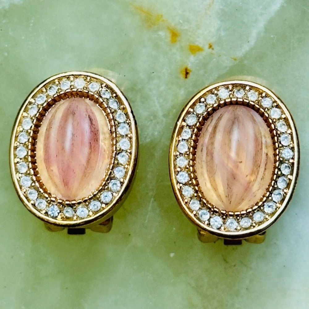 VINTAGE 1980s HENKEL GROSSE CHRISTIAN DIOR OVAL CLIP ON EARRINGS PINK RHINESTONE